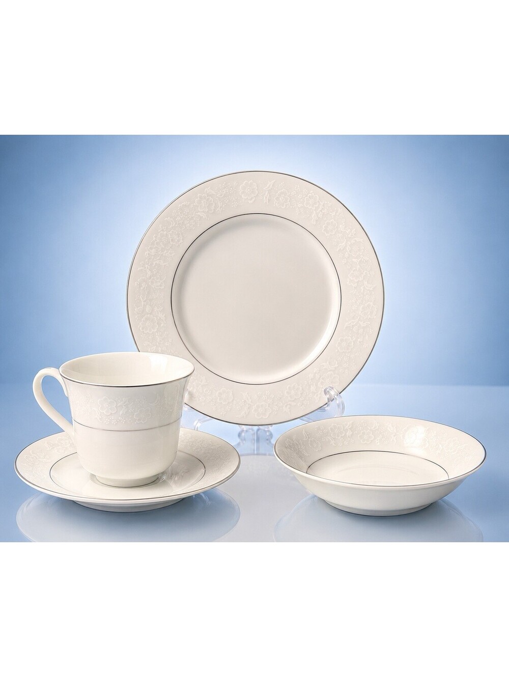 Mikasa 1980s Cup Saucer Bowl Dinner Plate Stratford Nita Design Porcelain White